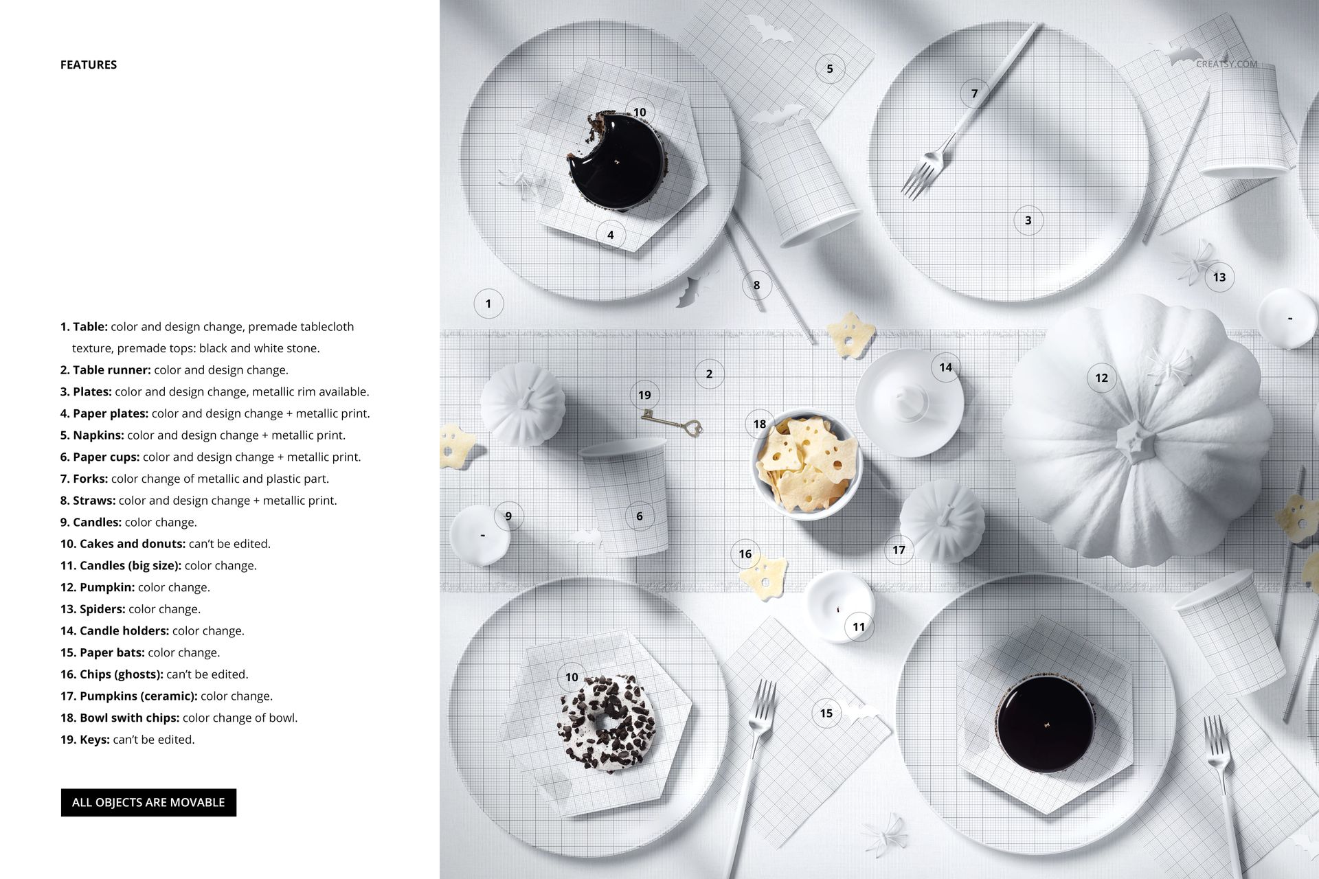 Halloween table setup mockup featuring white plates, cups, and pumpkins arranged on a grid-patterned tablecloth, top view.