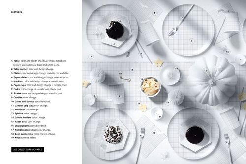 Halloween table setup mockup featuring white plates, cups, and pumpkins arranged on a grid-patterned tablecloth, top view.