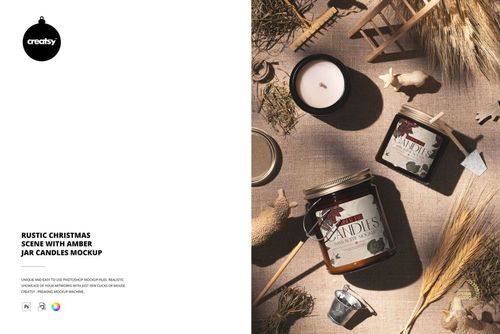 Rustic Christmas Scene with Amber Jar Candles Mockup - mockup preview 1