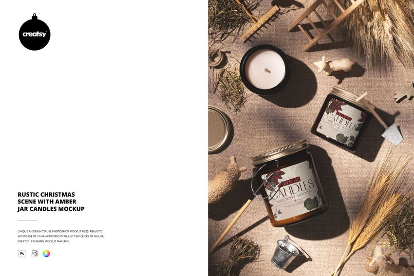 Rustic Christmas Scene with Amber Jar Candles Mockup - mockup screenshot 1