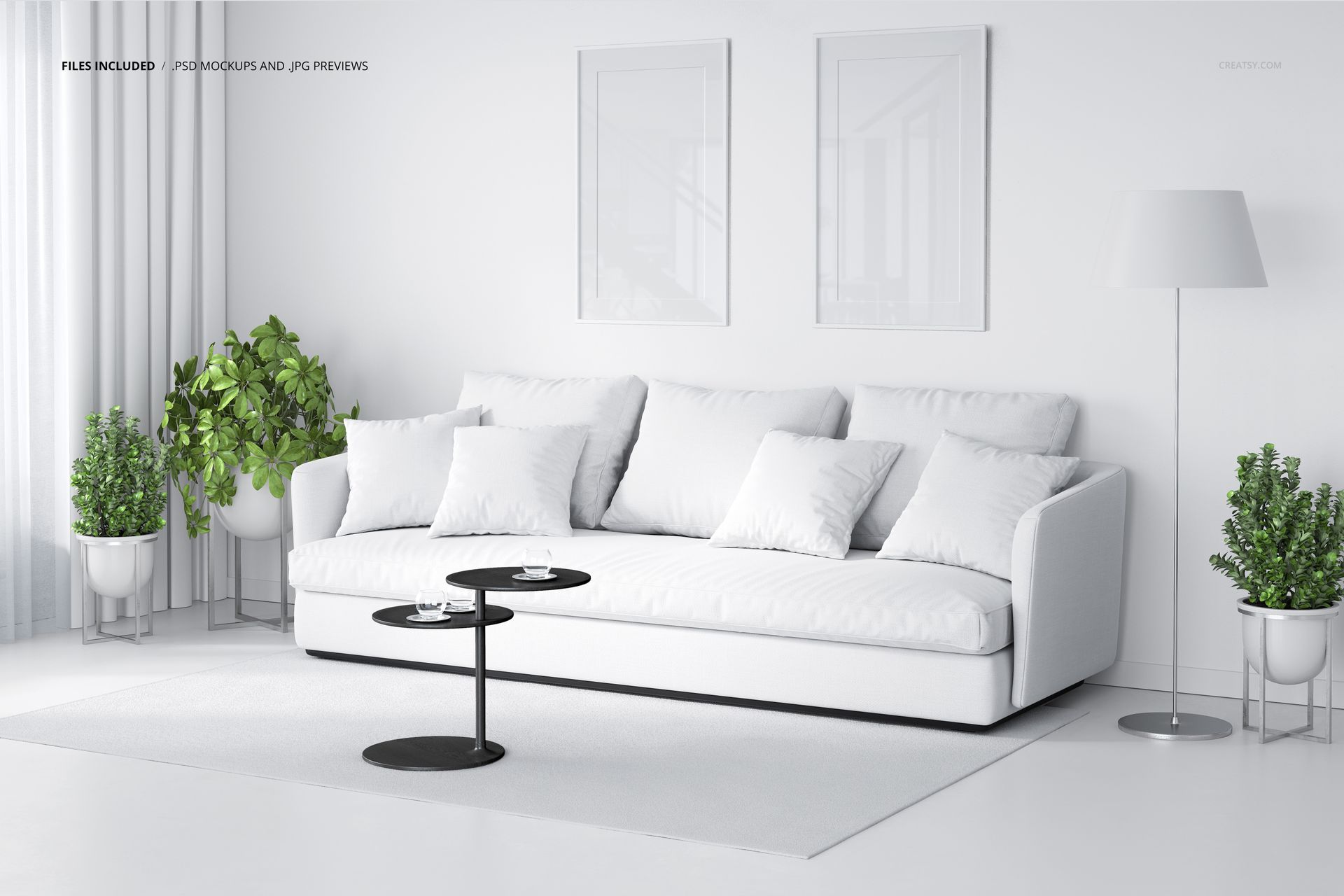 Home decor textiles mockup showing a bright room with a white sofa, pillows, lamp, and leafy plants.