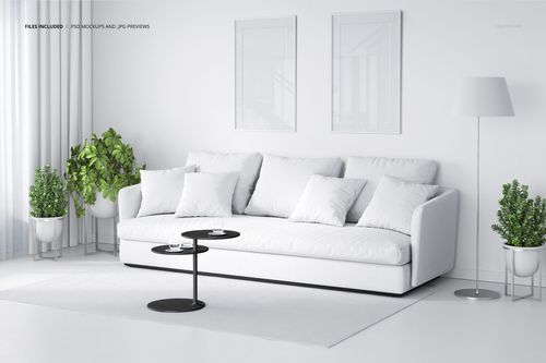 Home decor textiles mockup showing a bright room with a white sofa, pillows, lamp, and leafy plants.