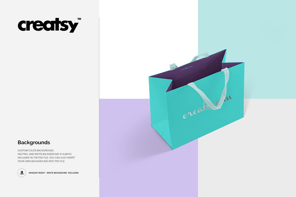Turquoise paper shopping bag mockup with white ribbon handles and purple inside, set against a geometric pastel backdrop.