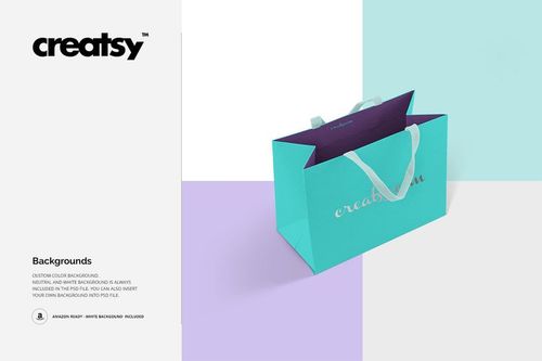Turquoise paper shopping bag mockup with white ribbon handles and purple inside, set against a geometric pastel backdrop.
