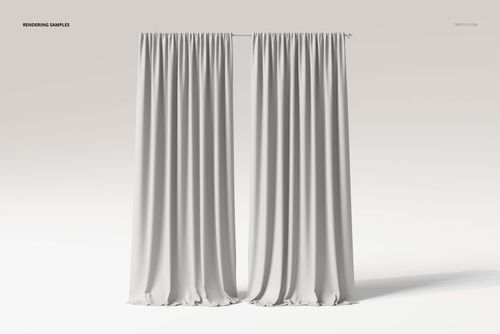 Front view of two flowing white fabric curtains with realistic folds and puddling at the base on a plain background.