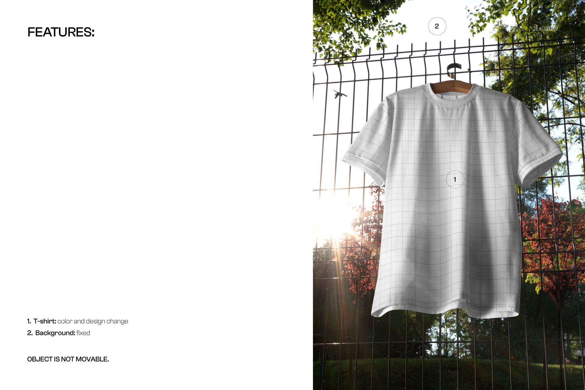 White short-sleeve t-shirt mockup hanging on a wooden hanger outdoors, front view with sunlight and trees.