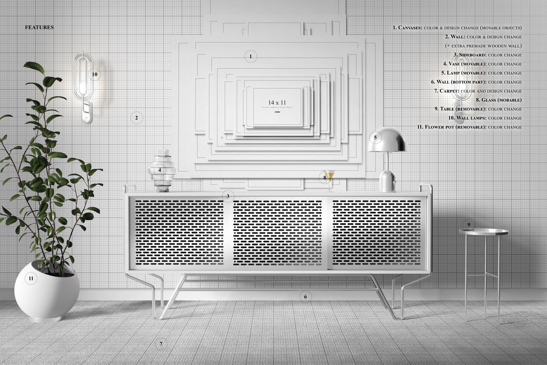 PSD mockup scene featuring a white sideboard, layered canvas prints, grid wall, and minimalist decor elements.