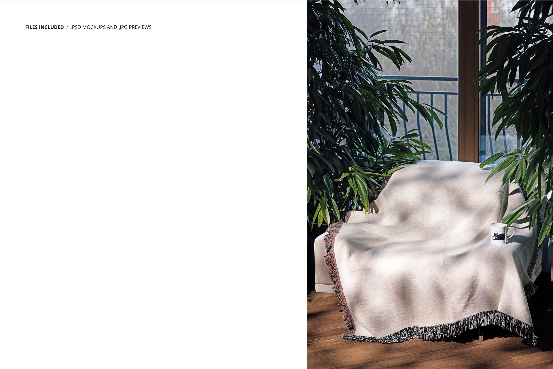 Light-colored woven blanket mockup displayed on an armchair near large windows, with leafy plants and a coffee mug.