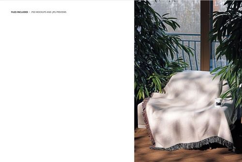 Light-colored woven blanket mockup displayed on an armchair near large windows, with leafy plants and a coffee mug.
