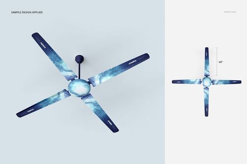 Ceiling fan mockup with four blades featuring a blue galaxy pattern, shown from a top view against a light background.