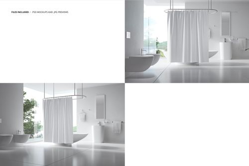 PSD mockup showing a white bathroom curtain on a circular rail in a bright, contemporary bathroom setting.