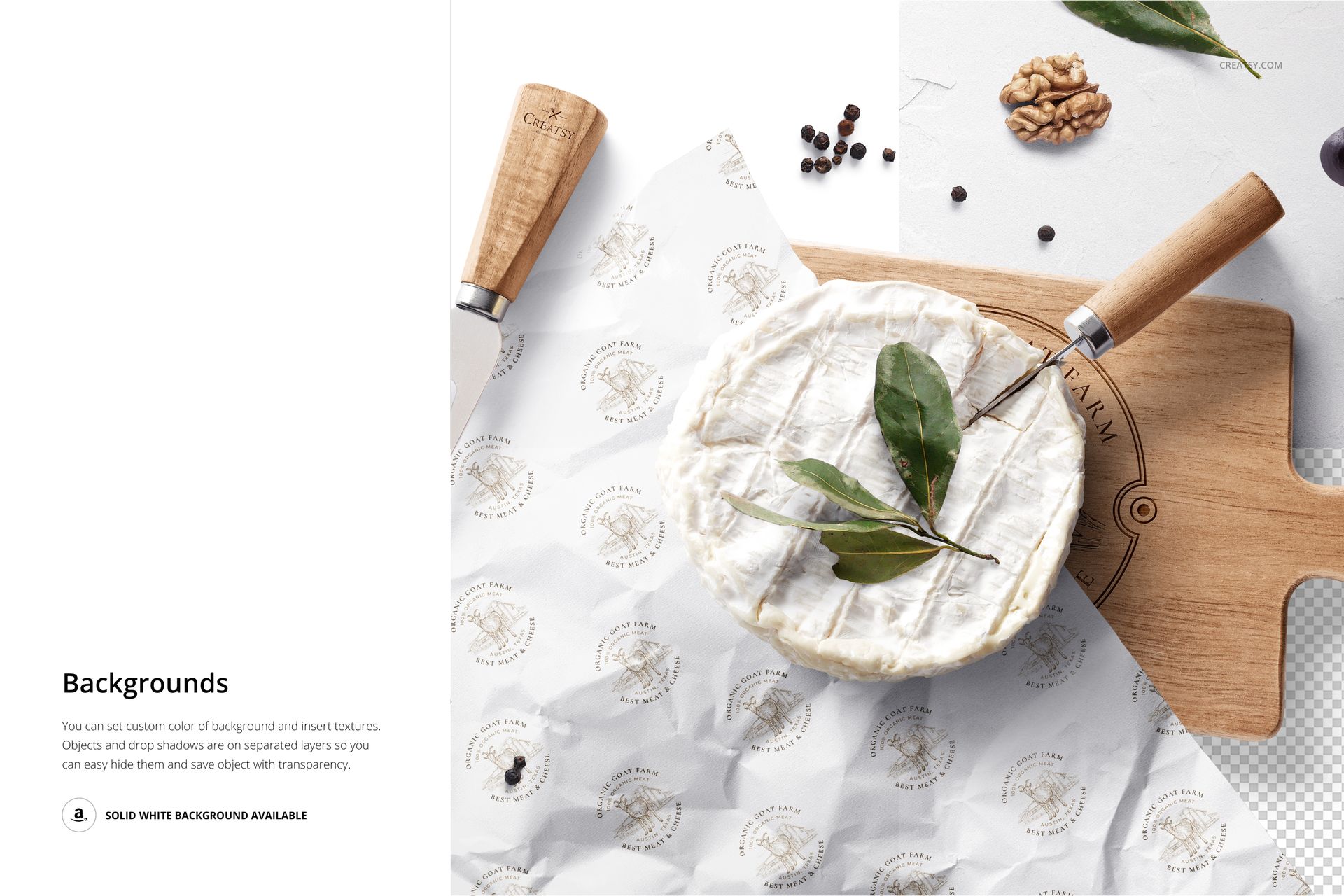Mockup scene featuring camembert cheese, wooden board, cheese knife, and printed wrapping paper, overhead perspective.