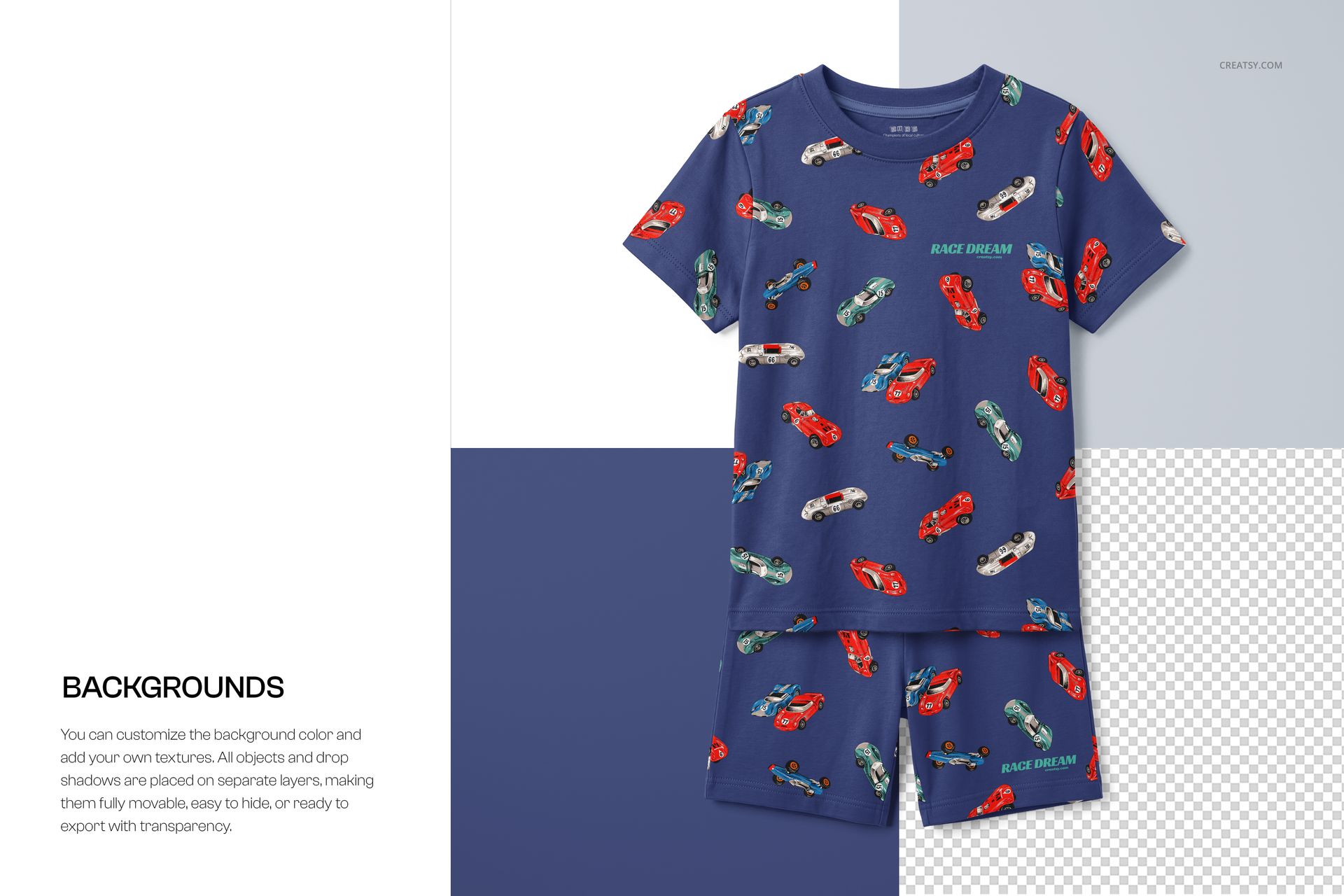 Kids short pyjamas set mockup featuring a blue t-shirt and shorts with a colorful car pattern, front view on split background.