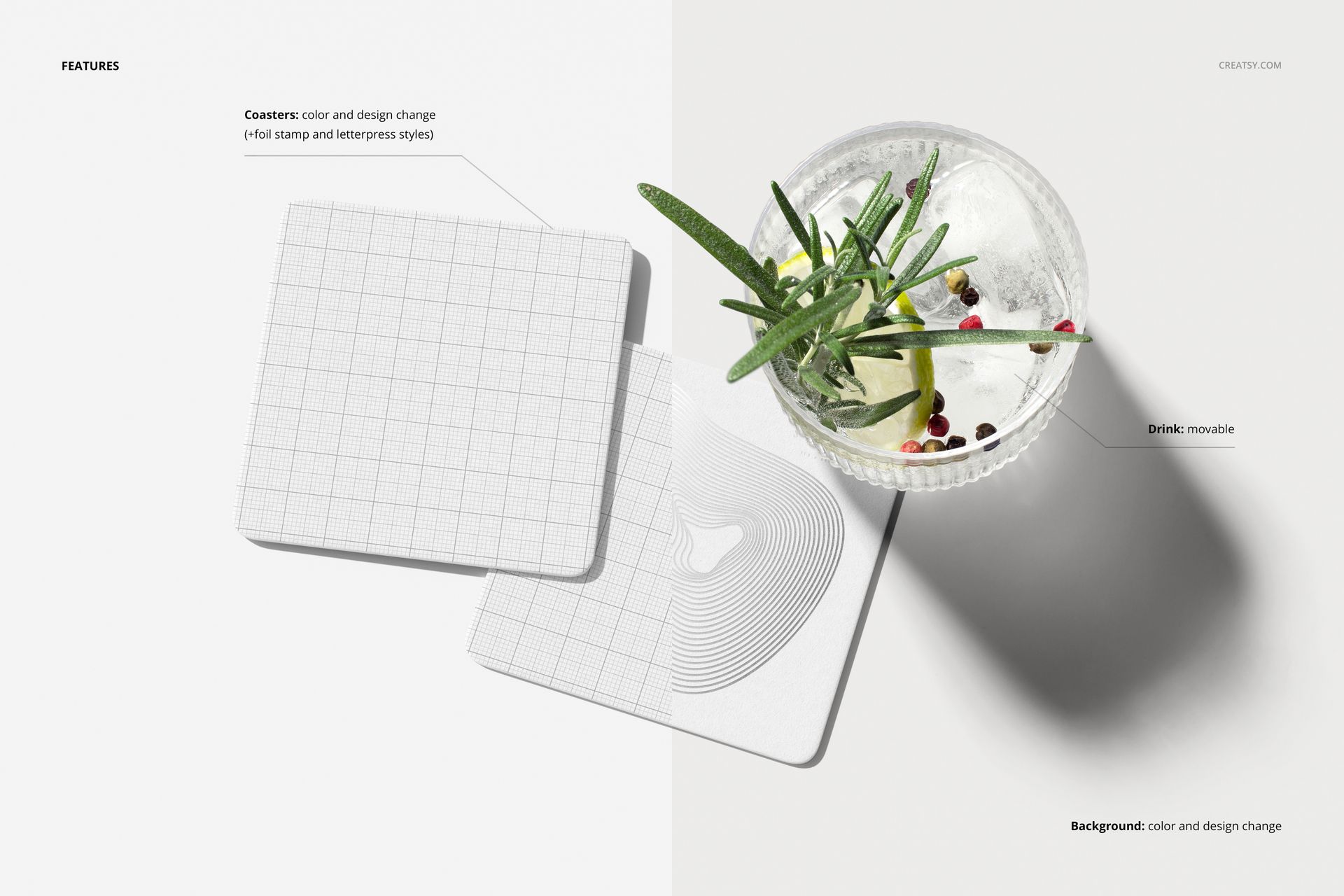 PSD mockup showing square coasters with geometric patterns alongside a garnished beverage on a split white background.