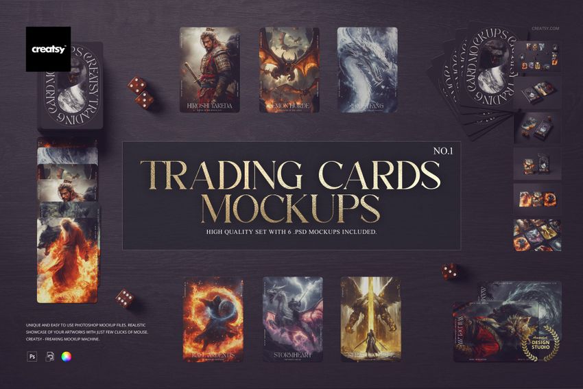 Trading cards mockup set displayed on a dark wooden surface with dice and various card designs in a top view layout.