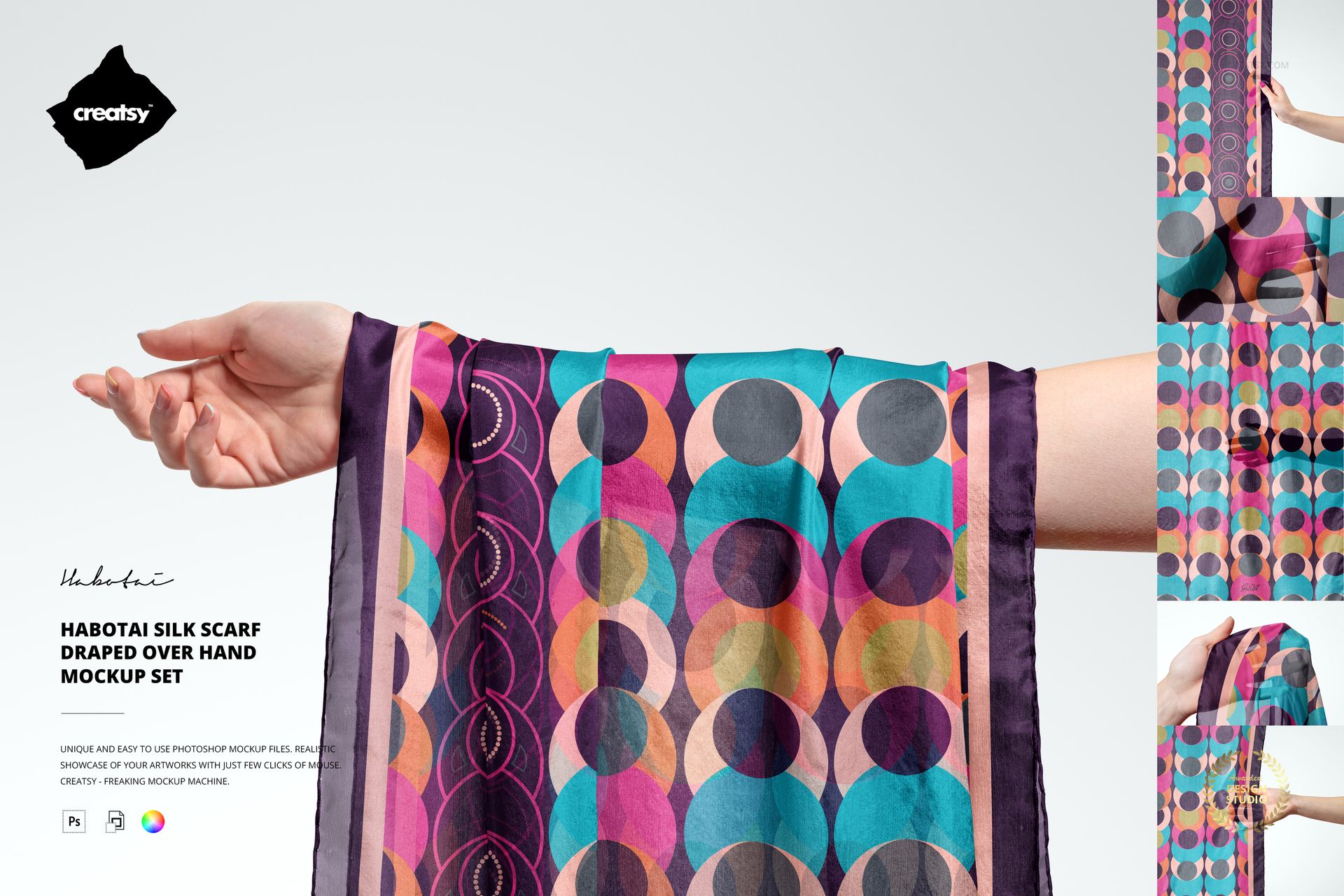 Habotai silk scarf mockup featuring vibrant circles and lines, displayed on an arm with visible folds and light effects.