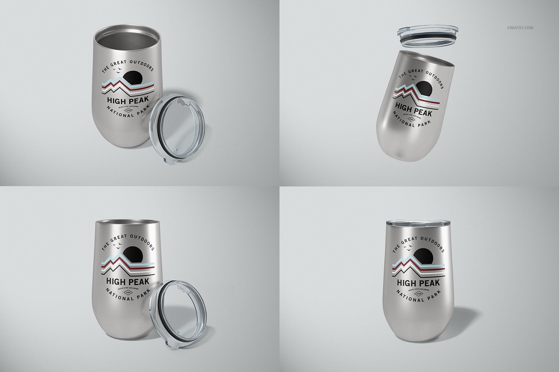 Four stemless wine cups in a mockup set, shown with removable clear lids, metallic surface, and outdoor-themed print.