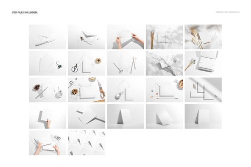 Stationery mockup set featuring blank cards and envelopes in various arrangements, shown from a top view with props.