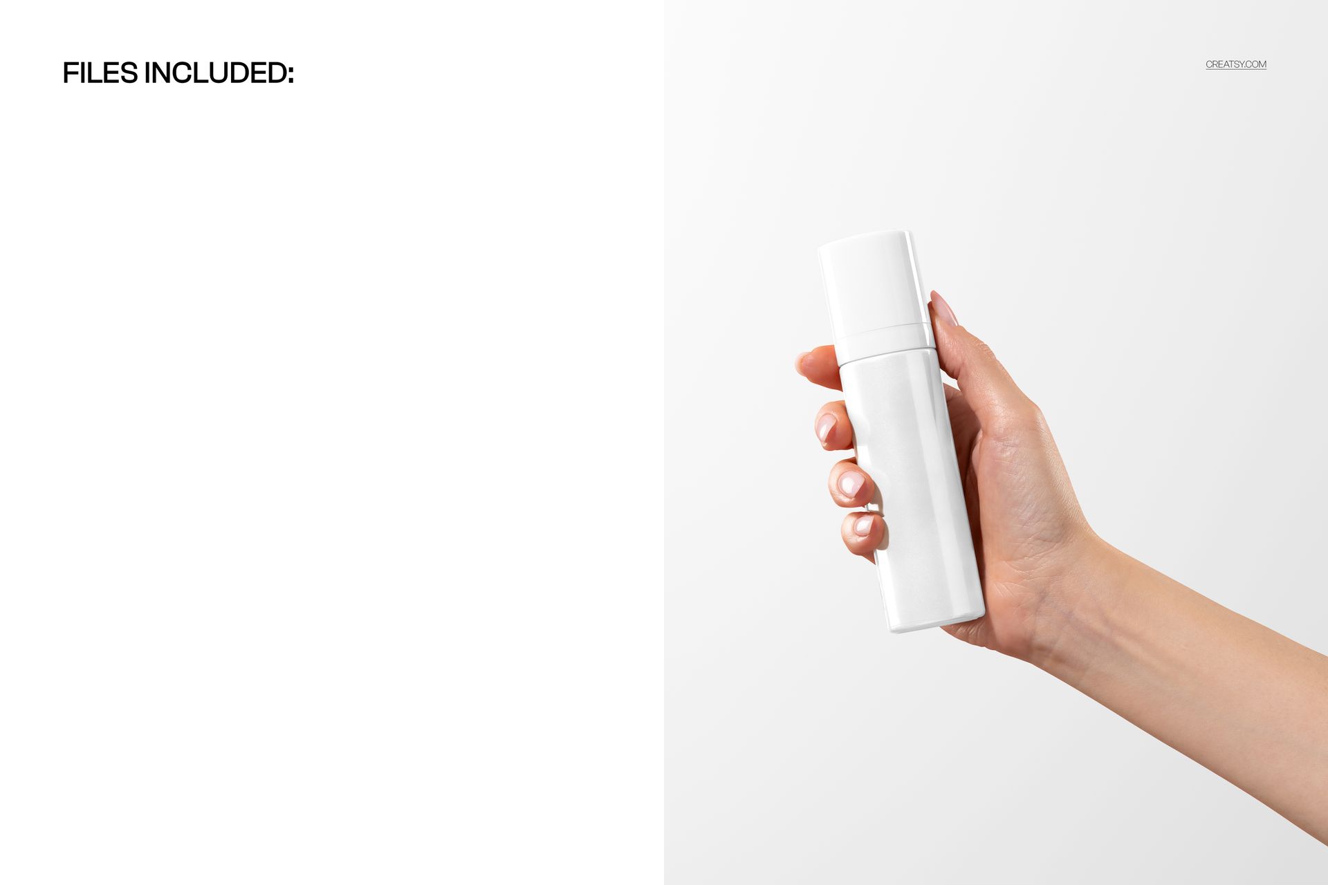 Hand holding a plain white cosmetic bottle against a light background, shown in a front view mockup scene.