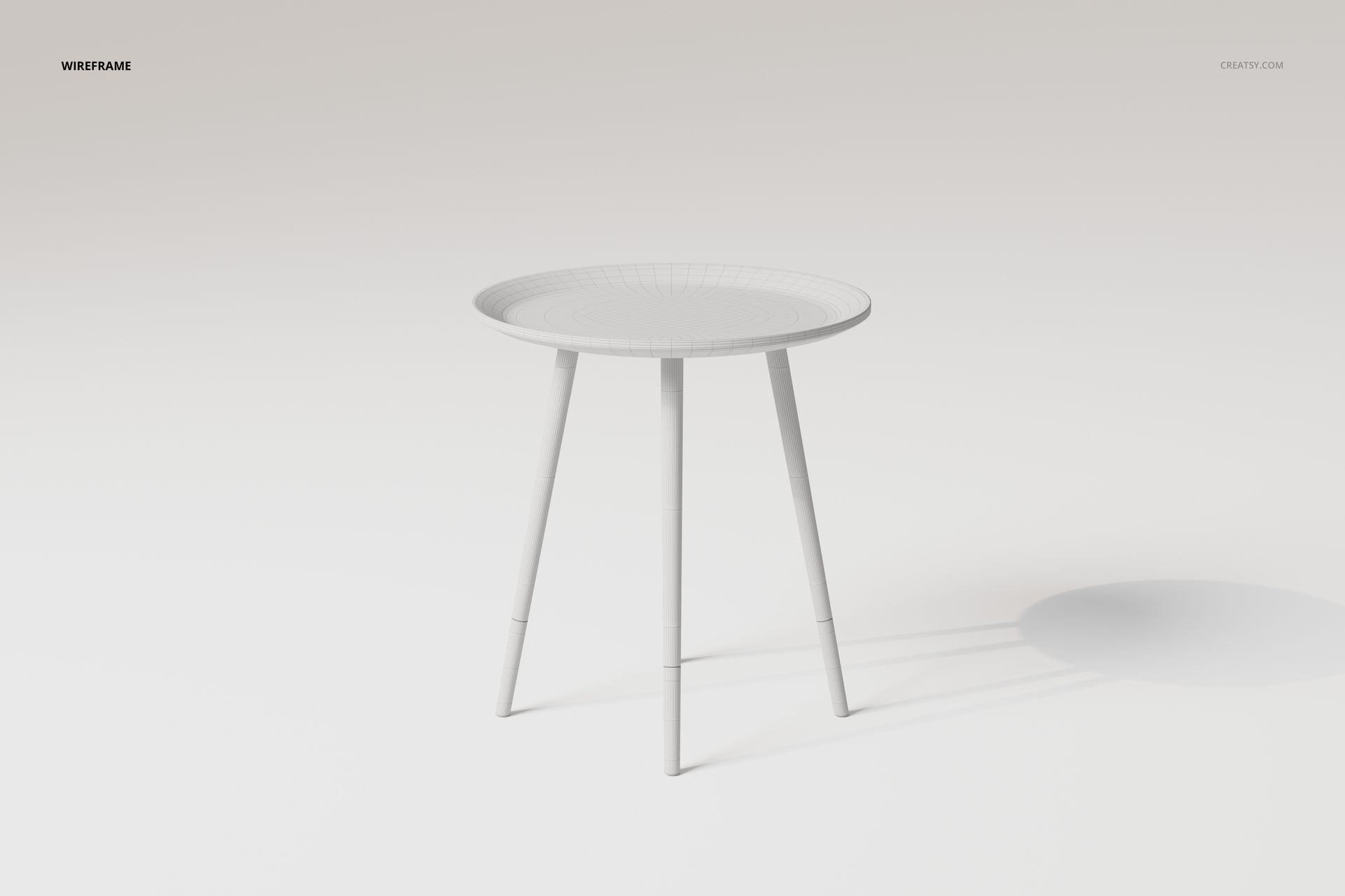 Geometric side table with three angled legs and a round top, shown in white wireframe on a plain light background.