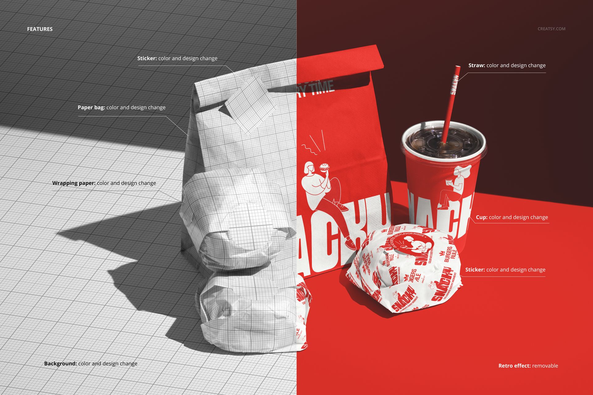 Fast food set featuring wrapped burgers, a paper bag, and a drink cup with straw, shown in a front view mockup.