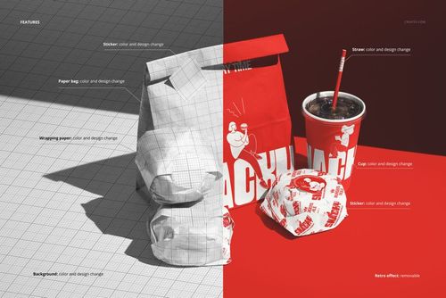 Fast food set featuring wrapped burgers, a paper bag, and a drink cup with straw, shown in a front view mockup.