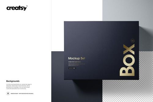 Rectangular magnetic gift box mockup in dark navy with gold text, shown from a top view on a white and gray background.