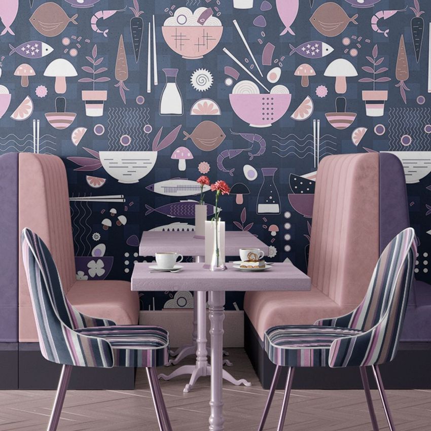 Cafe interior wallpaper mockup showing a pastel-themed dining area with patterned wallpaper, striped chairs, and a small table.