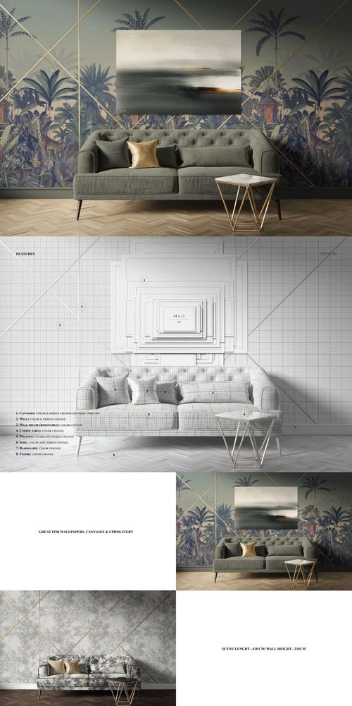 Front view of a modern sofa with accent pillows, geometric wallpaper, and a canvas print above, styled in a mockup setting.