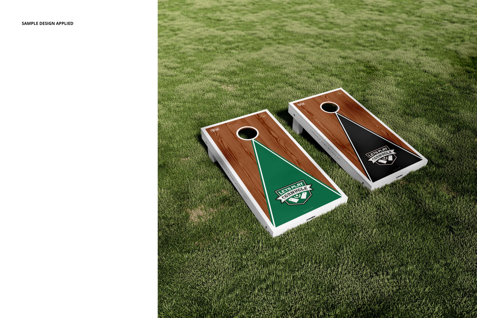 Cornhole board mockup set featuring two boards with distinct green and black triangle patterns on a grassy field.