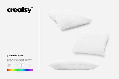 Pet pillow PSD mockup featuring three blank pillows in various positions, highlighting shape and texture details.