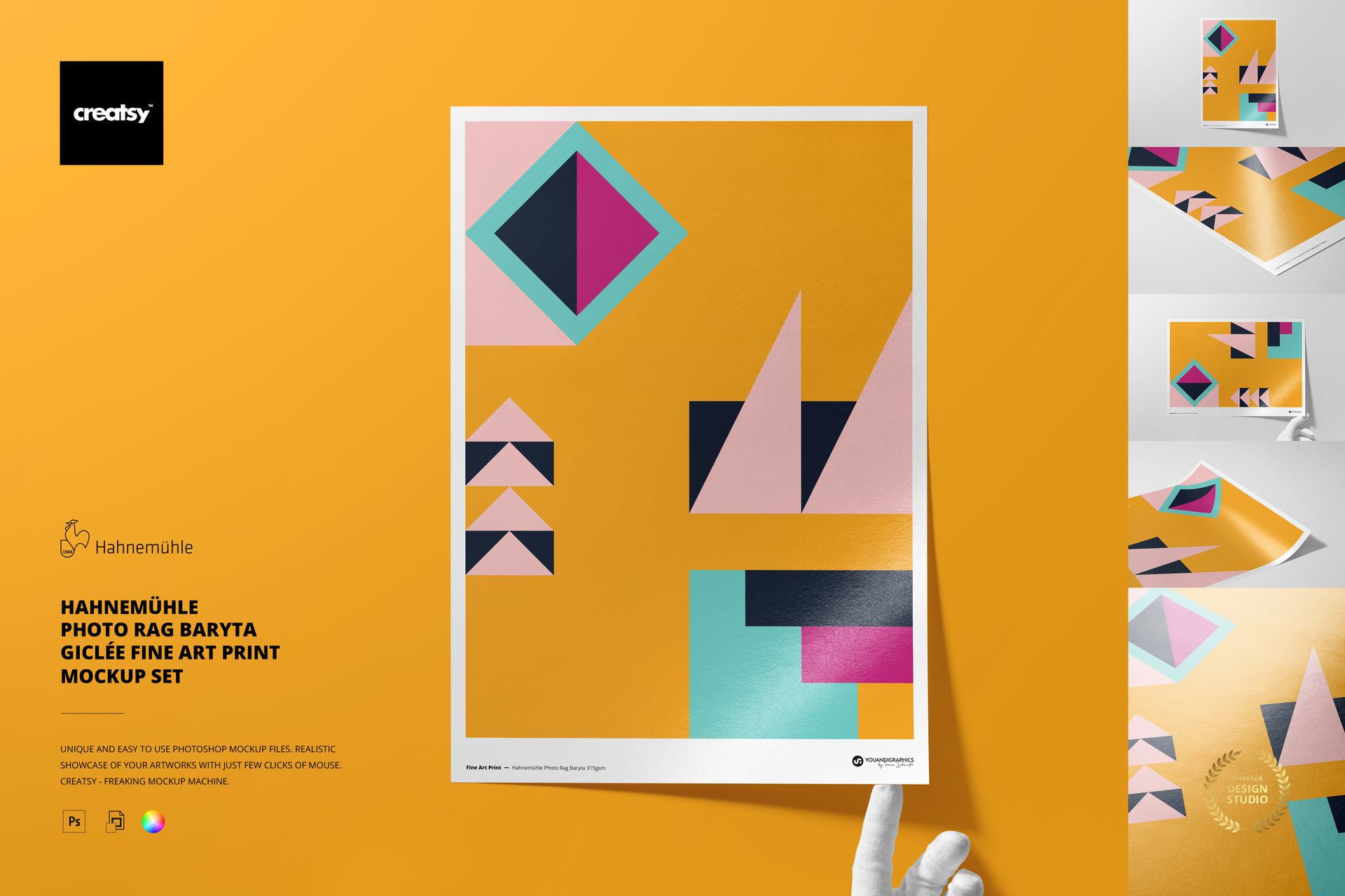 Front view of a Hahnemühle Photo Rag Baryta print mockup featuring abstract geometric patterns and a gloved hand.