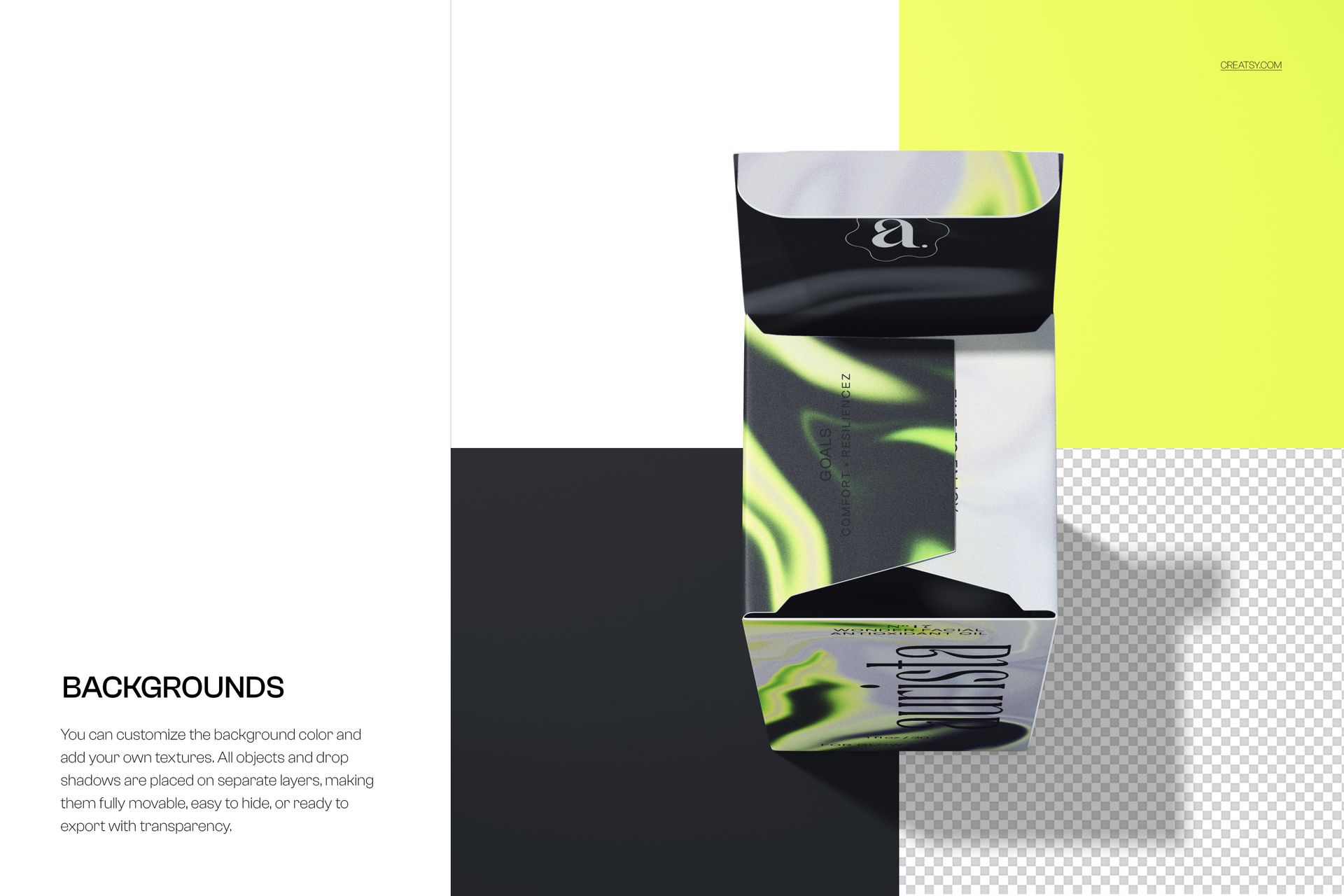 Top view of an open carton box mockup with abstract green and black patterns, placed on a color-blocked background.