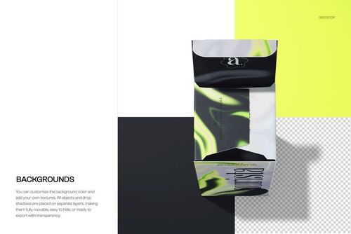 Top view of an open carton box mockup with abstract green and black patterns, placed on a color-blocked background.