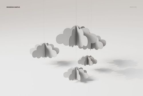 Front view of a baby mobile featuring several three-dimensional cloud shapes in soft gray tones, suspended by thin strings.