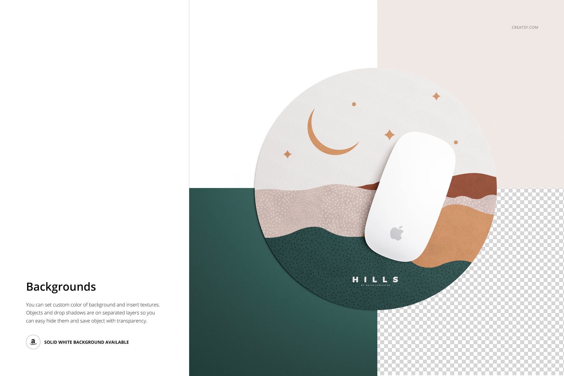 PSD mockup of a circular mouse pad with a geometric landscape print, shown on a split background with grid and solid colors.