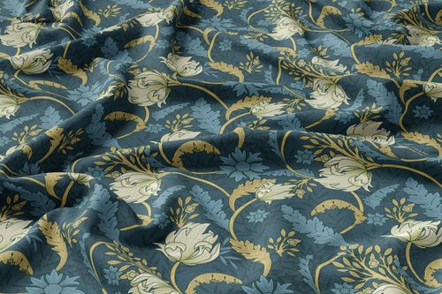 Double brushed polyester fabric mockup featuring a floral pattern in blue, cream, and gold tones with visible folds.