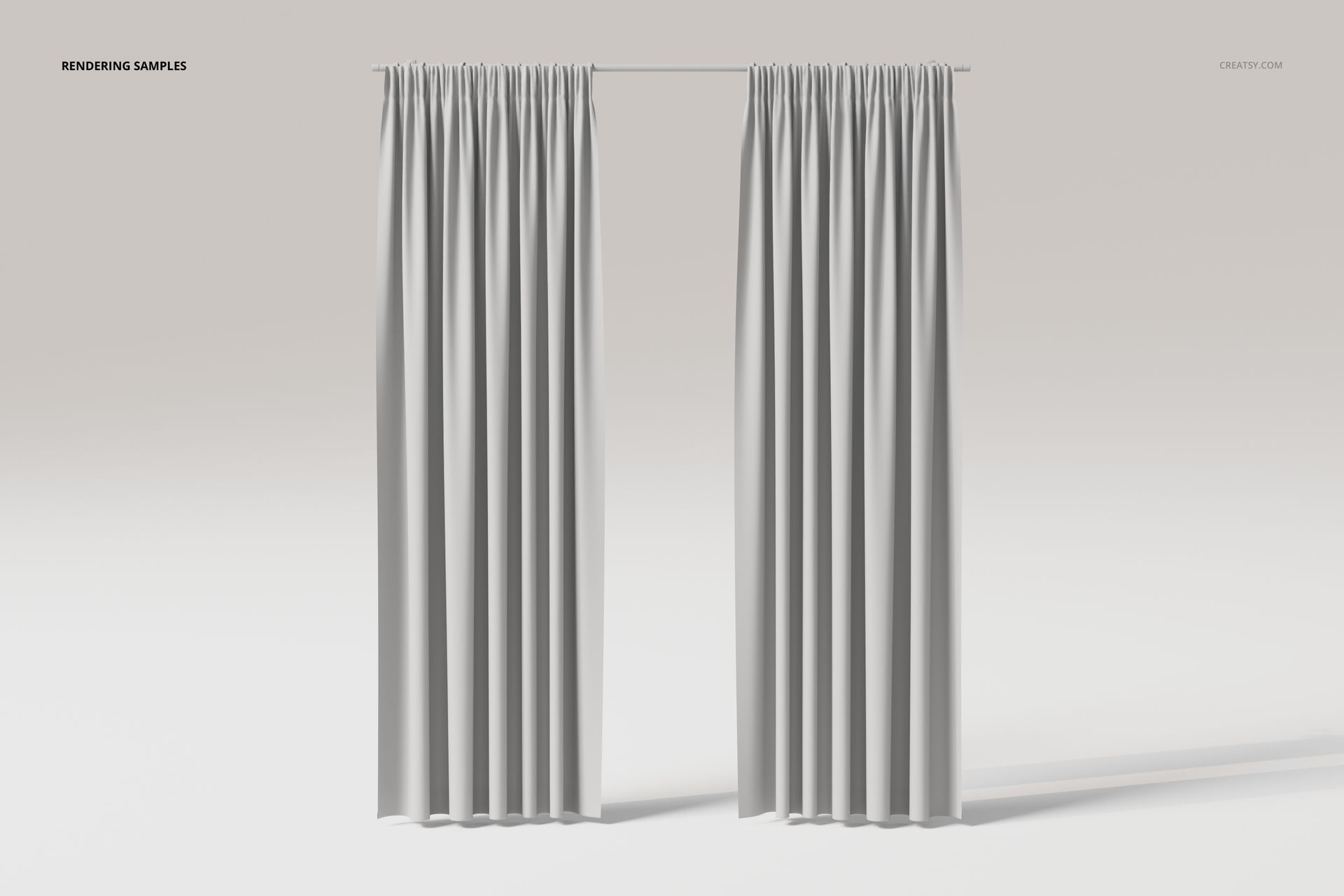 Front view of two semi sheer curtains hanging on a rod, featuring soft pleats and a light gray background.