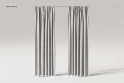 Front view of two semi sheer curtains hanging on a rod, featuring soft pleats and a light gray background.