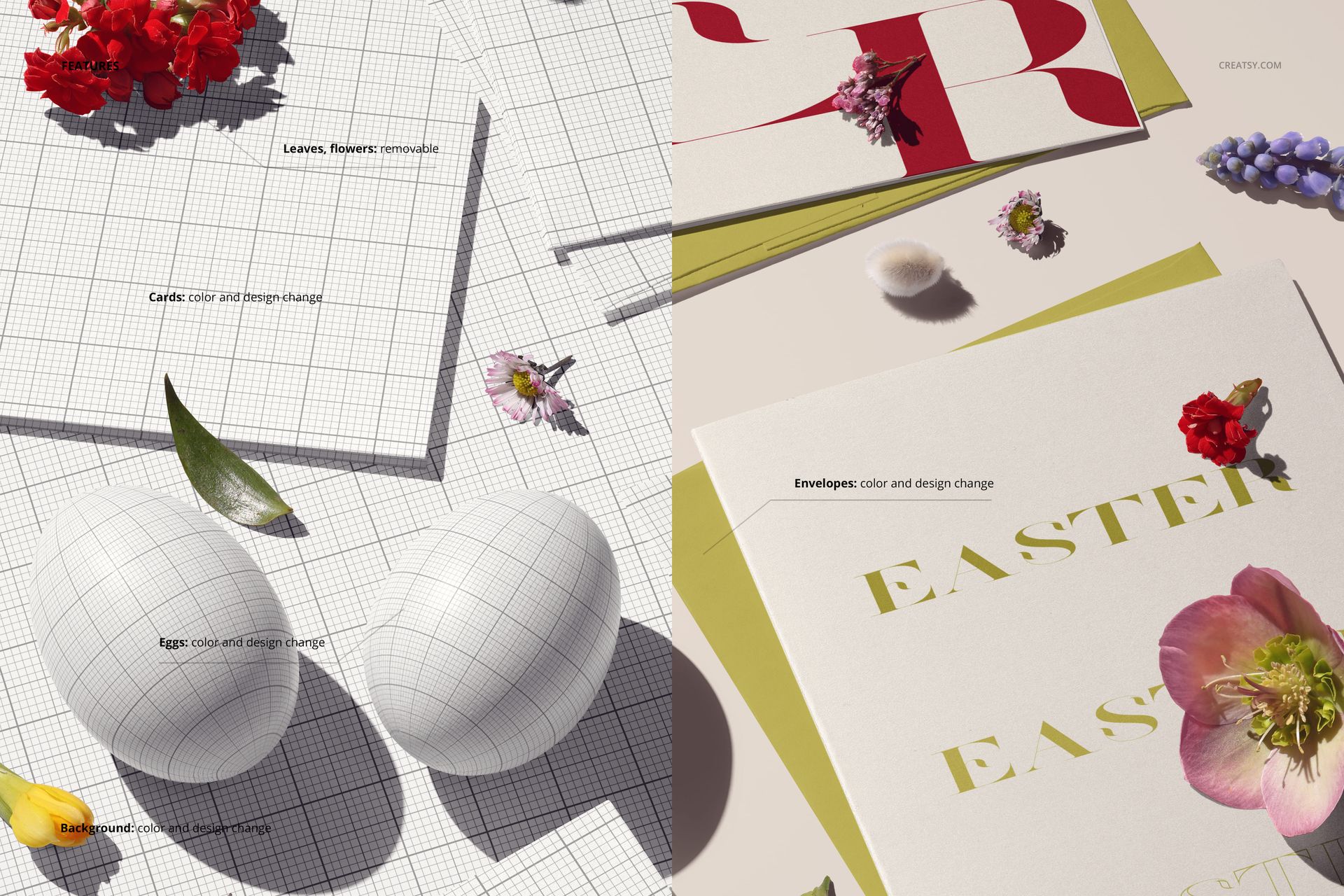 Easter eggs and greeting cards mockup featuring eggs on a grid surface, cards, envelopes, and decorative flowers.