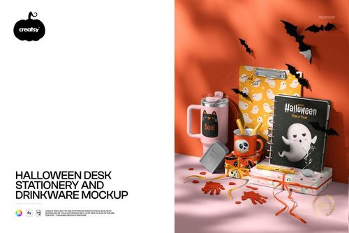 Halloween Desk Stationery and Drinkware Mockup - mockup preview 1