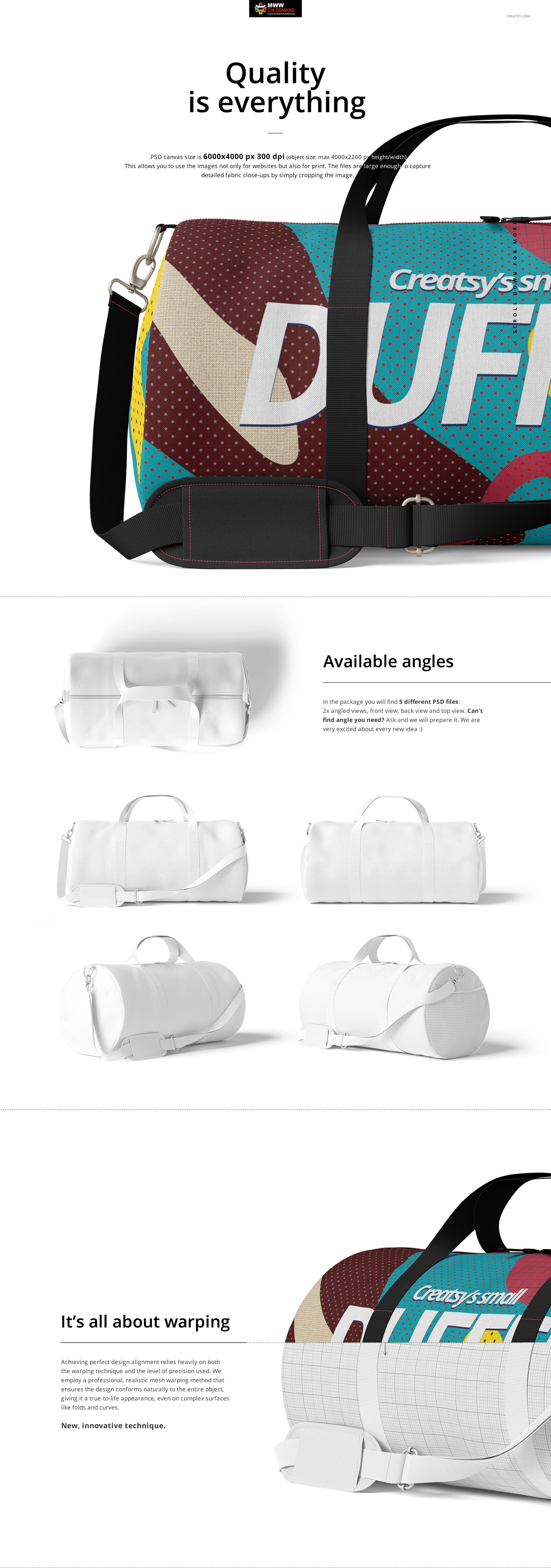 Polyester duffel bag with colorful abstract design, shown in front view with black shoulder strap and mesh side pocket.