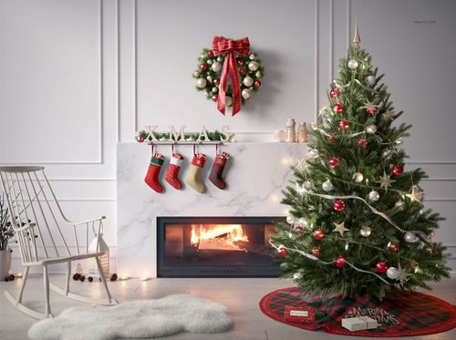 Festive Christmas tree skirt mockup with decorated tree, red ornaments, plaid skirt, fireplace, and stockings.