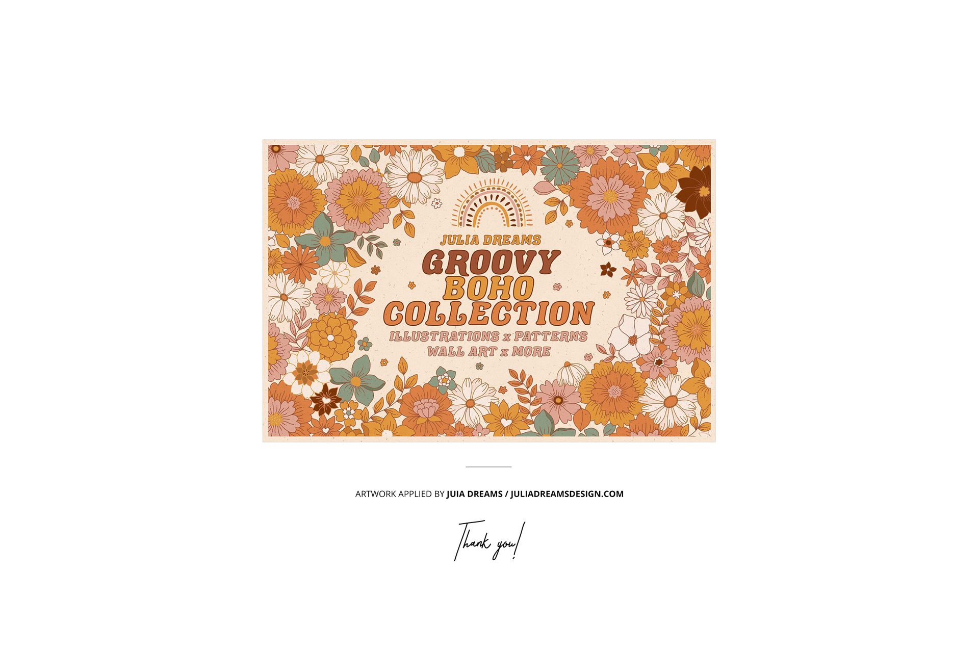 Stacked cotton fabrics with a teddy bear mockup, showing orange, beige, and pink flowers in a boho style design.