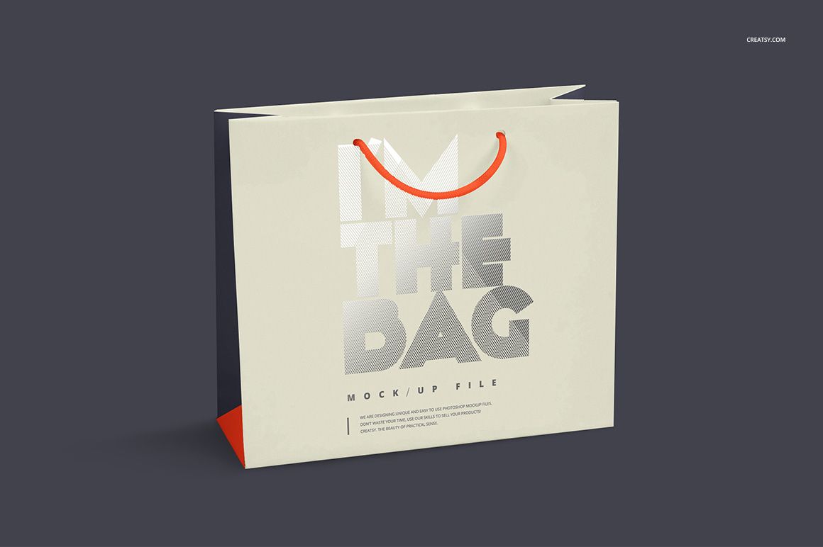 Paper bag mockup with large metallic lettering, orange handles, and contrasting sides, displayed on a gray surface.