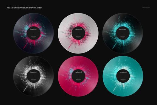 PSD mockup displaying six vinyl records with unique splatter effects in various color combinations on a black surface.