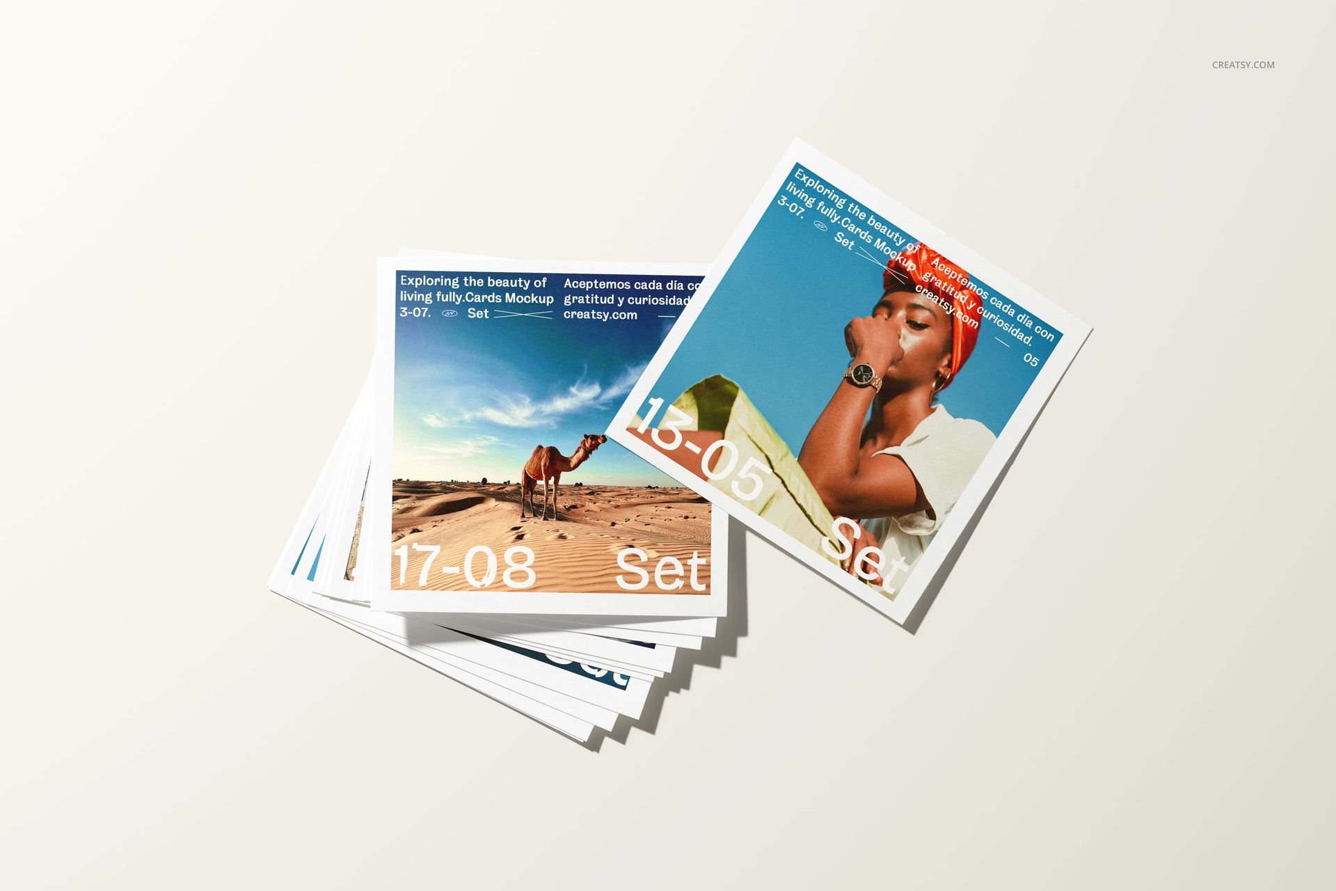 4x4 square photo prints mockup set featuring vibrant photos and white borders, arranged in a scattered pile.