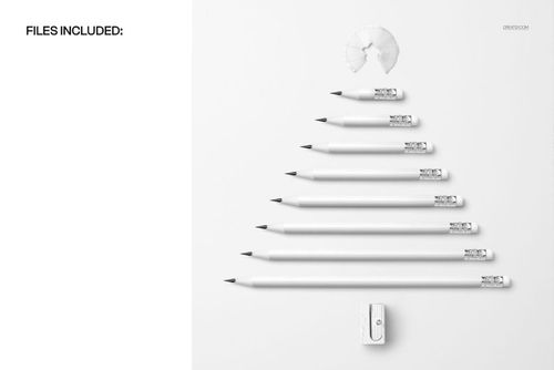 Minimalist PSD mockup featuring pencils organized as a Christmas tree, with a pencil shaving star and wooden sharpener trunk.
