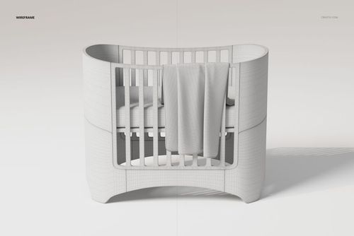 Curved white crib with a small baby blanket draped over the side, shown in a front view on a plain background.