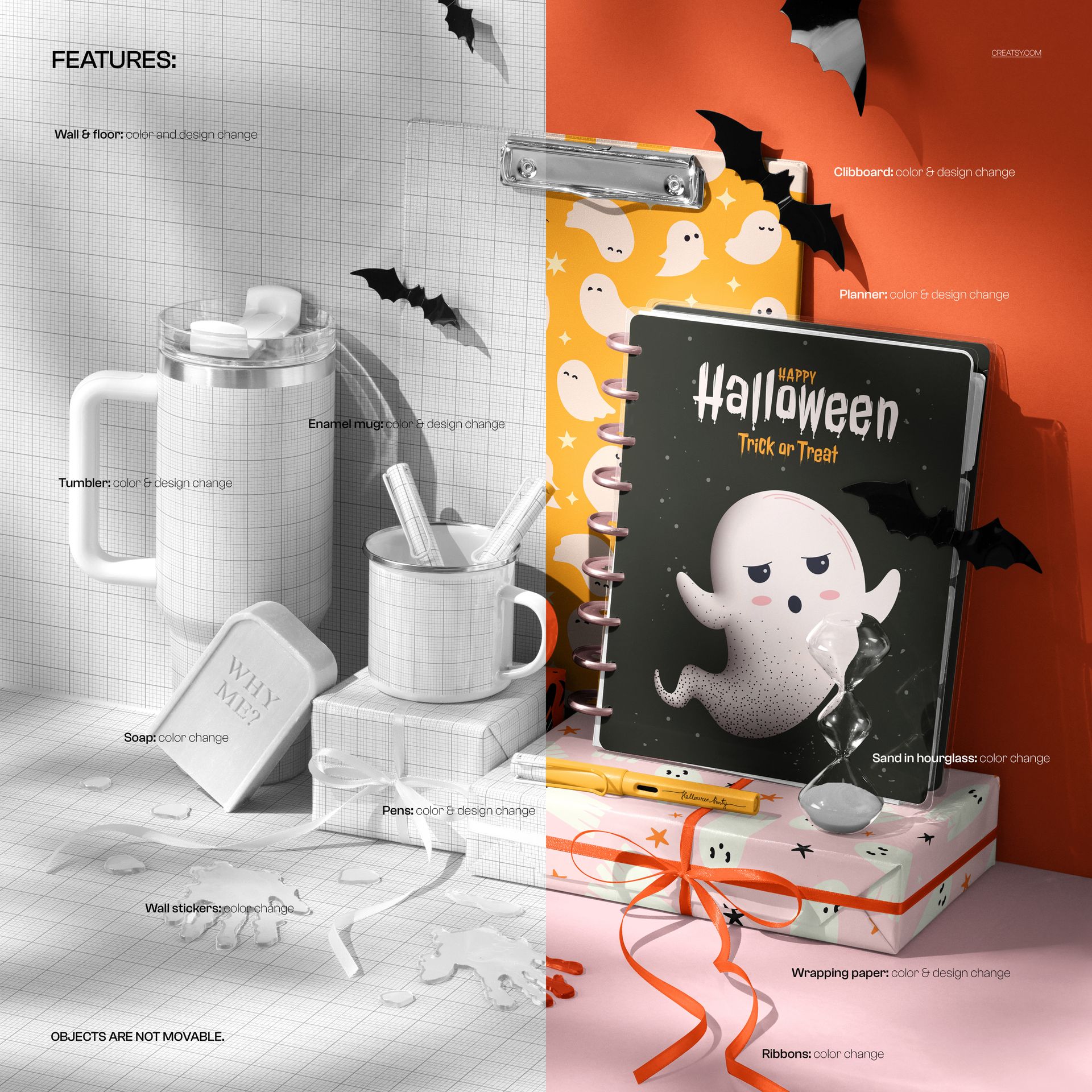 Halloween-themed desk scene with stationery, drinkware, and decorative bats, shown in a front-facing PSD mockup.